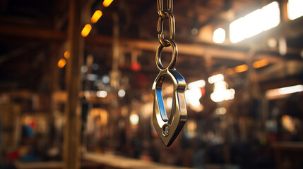 A hanging metal hook is displayed in front of the interior of an auto repair shop, with a blurred background.