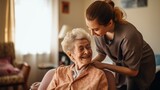 Fototapeta  - An elderly person happy to be cared for by a caregiver