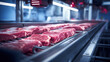 Meat is being transported on a conveyor belt in an industrial factory setting.