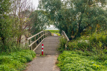 Narrow Wooden Bridge Is The Bank Connection Across A Creek In A Dutch Nature Reserve. A Red And White Iron Pole Limits The Width Of The Traffic. Autumn Has Started.