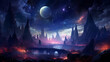 Panoramic view of Night sky glows with stars and mistic planets, generative ai