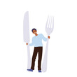 Happy man cartoon character holding huge knife and fork kitchen utensils for serving table