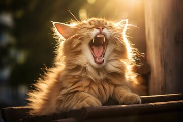 red cute young cat yawns lying outside