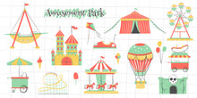 Amusement Park Attractions Set. Carnival Amuse Kids Carousels Games Fairground Attraction Play Rollercoaster, Flat Vector Illustration