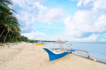Wall Mural - Beautiful landscape with tropical white sand beach with fishing boats. Siargao Island, Philippines.
