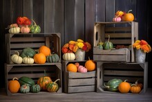 Rustic Wooden Crates With Colorful Pumpkins And Gourds