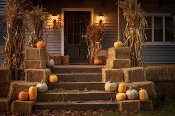 Wall Mural - porch steps adorned with lanterns, cornstalks, and hay bales