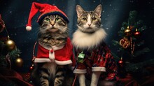Two Cats Dressed Up For Christmas Sitting Next To A Christmas Tree