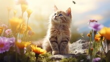 A Cat Sitting On A Rock In A Field Of Flowers