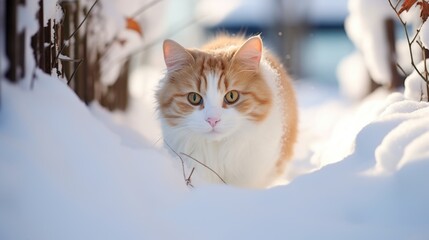 Wall Mural - An orange and white cat walking through the snow