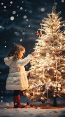 Wall Mural - A little girl standing next to a christmas tree