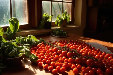 Sticker - sun-drying tomatoes surrounded by fresh basil leaves