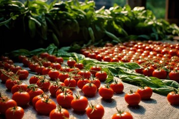 Wall Mural - sun-drying tomatoes surrounded by fresh basil leaves