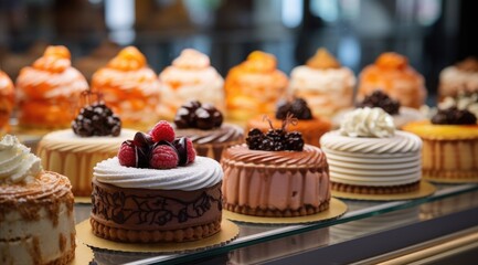 Wall Mural - Small cakes on display at the patisserie counter.