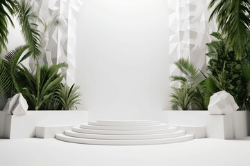 Poster - White podium with palm trees and plants.