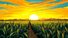 Green Corn Field And Sunset Or Sunrise In A Farmland Agricultural Setting With Colorful Art Design With Thick Black Outlining And Strong Colors. Logo Or Banner Use.