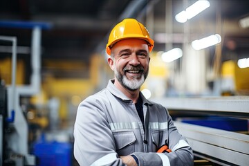 A smiling, professional engineer in a hardhat oversees operations in an industrial factory, ensuring safety and efficiency.