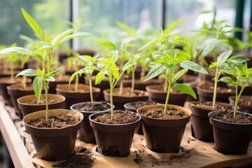 Wall Mural - seedlings of different sizes in biodegradable pots