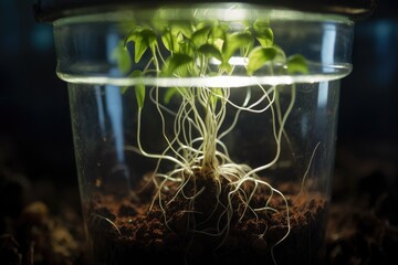 Wall Mural - close-up shot of seedling roots through a clear pot