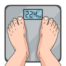 Overweight Human Feet On Scales Vector Illustration. Medical Science Educational Illustration