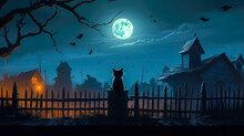 A Creepy Halloween Scene With A Black Cat On A Fence AI Generated