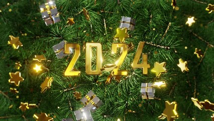 Wall Mural - new year and christmas 2024. mobile gold inscription 2024 on the background of green christmas tree 