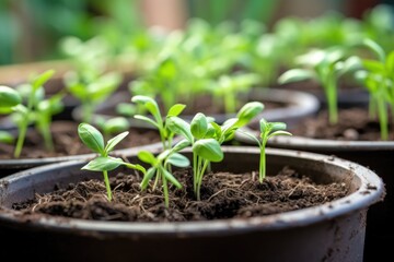 Sticker - close-up of seedlings in a pot, fresh soil sprinkled around