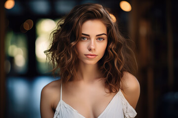 Naklejka na meble Poised Young Woman Model Natural Background . Сoncept Poise And Confidence, Modeling For Beauty, Natures Elegance, Positive Empowerment