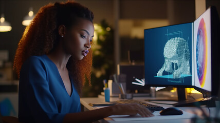 Wall Mural - Black Female Art Director Reviewing 3d Model of Shoe, Working on Powerful Desktop Computer at Home.