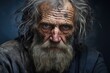 © DenisNata - Portrait of homeless angry aged man with beard, frowning and looking at camera. Senior old man with unkind expression on his face.