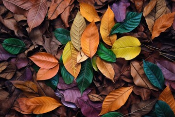 Wall Mural - top view of vibrant, multi-colored autumn leaves on forest floor