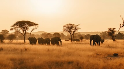 Poster - A Herd of Elephants Walking Across a Dry Grass Field at Sunset with the Sun in the Background and a Few Trees in the Foreground, generative ai