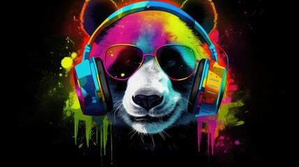 Poster - Colorful Panda Wearing Headphones and Sunglasses, generative ai