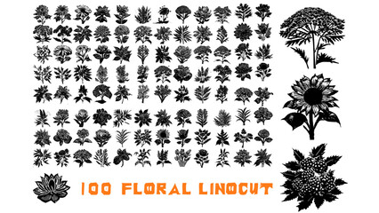 Floral vector illustration in linocut style . Set of 100 linocut plants