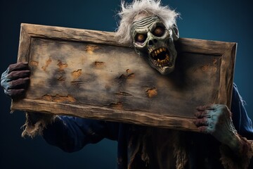 Poster - Funny Halloween zombie holding empty Wooden Board Generative AI