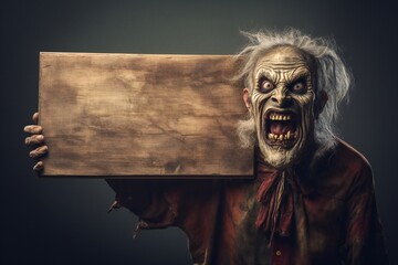 Poster - Funny Halloween zombie holding empty Wooden Board Generative AI