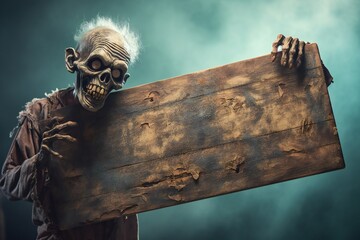 Poster - Funny Halloween zombie holding empty Wooden Board Generative AI