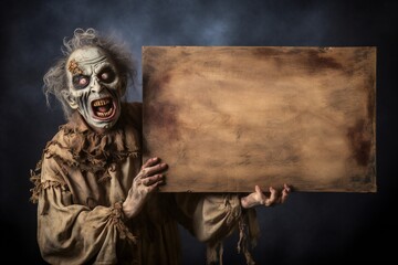 Poster - Funny Halloween zombie holding empty Wooden Board Generative AI