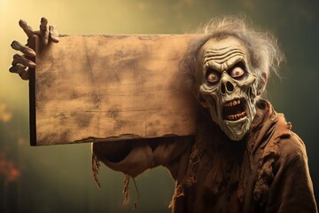 Poster - Funny Halloween zombie holding empty Wooden Board Generative AI