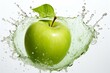 A white background with a vivid green apple and a splash. Generative AI