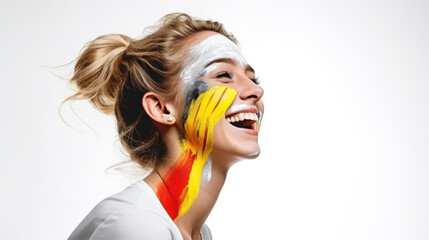 Portrait of a woman with faceart in flag of the Germany colors painted on her face.