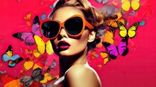 Fashion Model With Butterfly Pop Art Collage Style In Neon Color