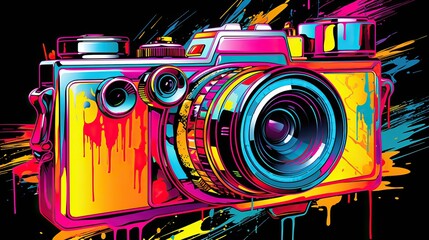 Camera, pop art collage style neon bold color