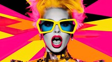 Fashion Model With Sunglass Pop Art Collage Style In Neon Color