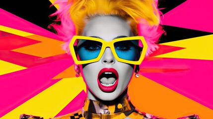 fashion model with sunglass pop art collage style in neon color