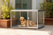 Medium sized metal dog crate in the garden, outside. Sunny day. Beautiful dog sitting in the pet cage.
