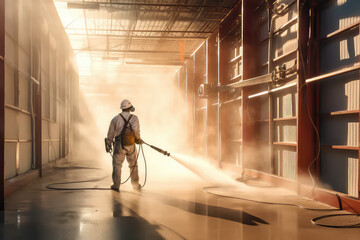 Industrial building worker using a spray cleaner to clean surface. Creative concept of professional cleaning service for industrial enterprises.
