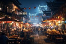 Vibrant And Bustling Night Market Street In China