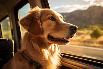 Poster - Generative AI picture of a beautiful dog riding in a car with head out of the window having fun