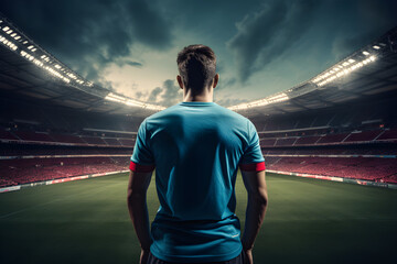 Male player on stadium at world cup. Back view. Generative AI